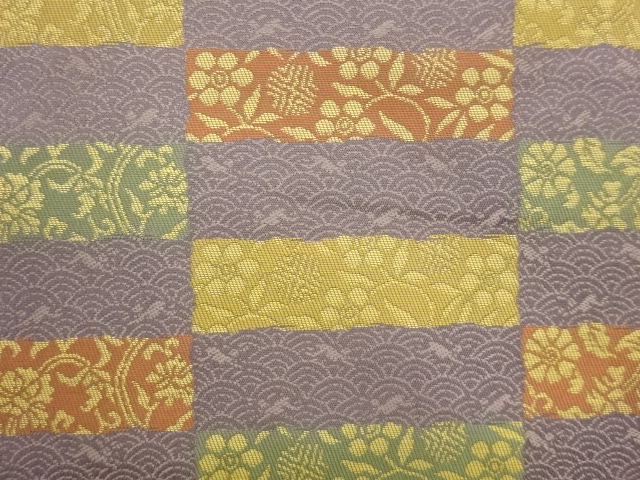  あらいそ製　縞・横段に青海波・花葉模様織出し開き名古屋帯（額縁仕立て）